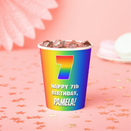 7e verjaardag: kleurrijk, vun regenboogpatroon # 7 papieren bekers