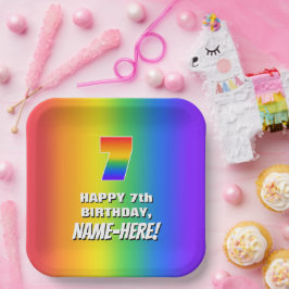 7e verjaardag: kleurrijk, vun regenboogpatroon # 7 papieren bordje