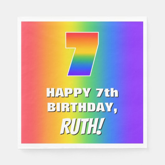 7e verjaardag: kleurrijk, vun regenboogpatroon # 7 servet (Voorkant)