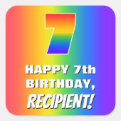 7e verjaardag: kleurrijk, vun regenboogpatroon # 7 vierkante sticker (Voorkant)