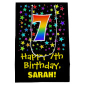 7e Verjaardag: Kleurrijke Sterren Patroon & Regenb Medium Cadeauzakje (Achterkant)