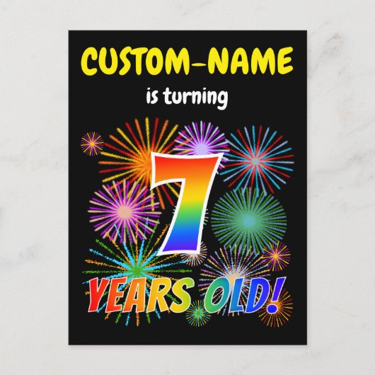 7e Verjaardag - Leuk vuurwerk, Rainbow Look "7" Briefkaart (Voorkant)