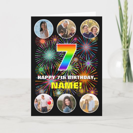 7e verjaardag: Leuke regenboog #, aangepaste naam  Kaart (Voorkant)