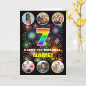 7e verjaardag: Leuke regenboog #, aangepaste naam  Kaart (Gele Bloem)