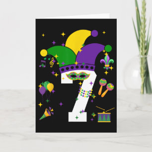 7e verjaardag Mardi Gras thema 7 jaar oude jongens Kaart