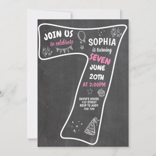 7e Verjaardag Meisje Krijtbord Roze Nummer Kaart (Voorkant)