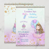 7e verjaardag meisje prinses cupcake ballonnen kaart (Voorkant / Achterkant)