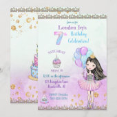 7e verjaardag meisje prinses cupcake ballonnen kaart (Voorkant / Achterkant)