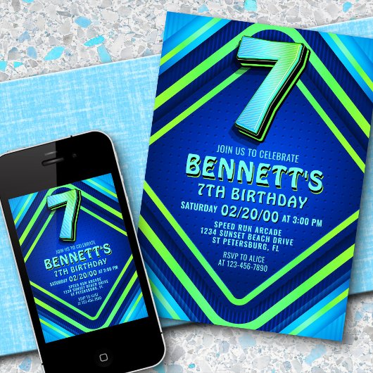 7e verjaardag Neon uitnodiging