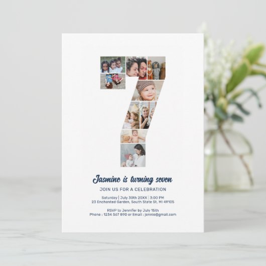 7e verjaardag nummer 7 aangepaste foto collage kaart (Staand voorkant)