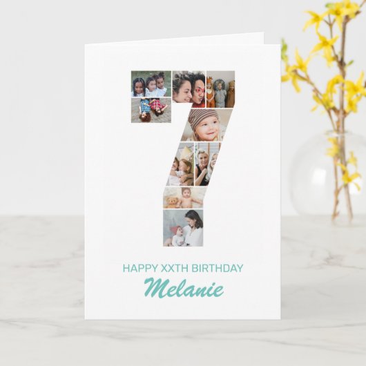 7e verjaardag nummer 7 fotocollage gepersonaliseer kaart (Gele Bloem)
