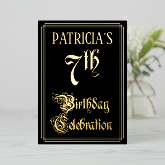 7e verjaardag Partij - Fancy Manuscript & de Naam Folie Uitnodiging (Staand Voorkant)