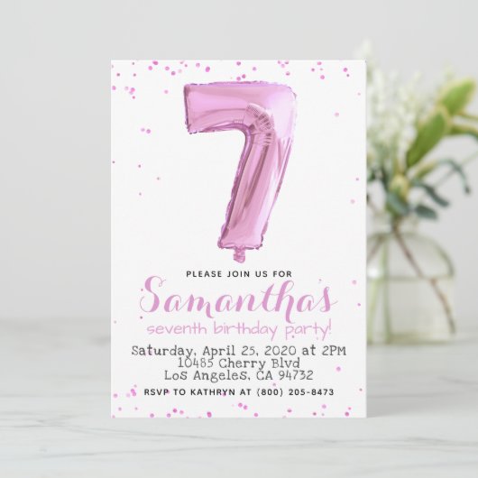 7e Verjaardag Pastel Roze Ballon Uitnodiging (Staand voorkant)