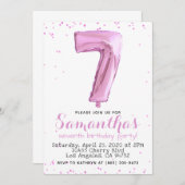 7e Verjaardag Pastel Roze Ballon Uitnodiging (Voorkant / Achterkant)