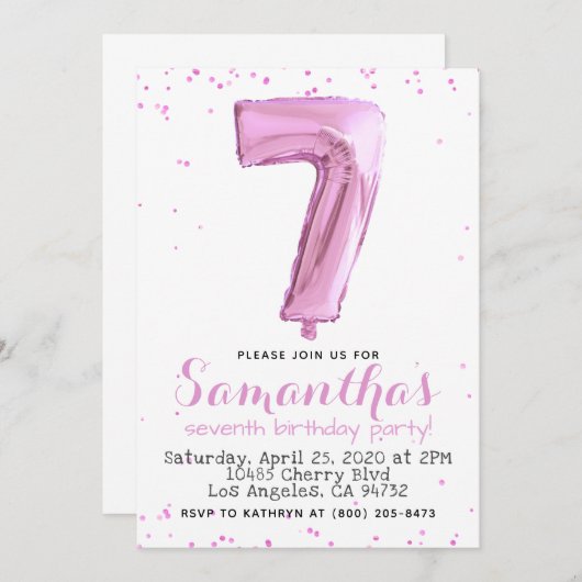 7e Verjaardag Pastel Roze Ballon Uitnodiging (Voorkant / Achterkant)