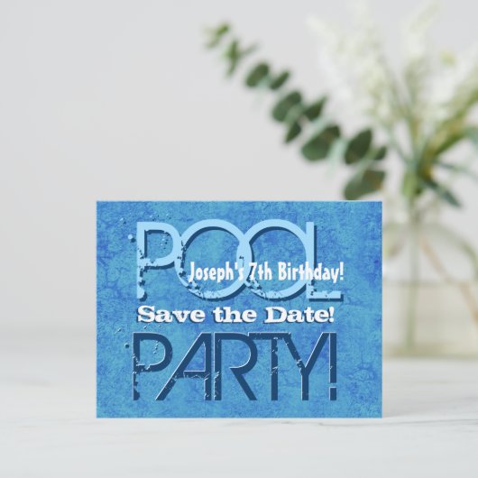 7e verjaardag Pool Party Save the Date V007 Aankondigingskaart (Staand voorkant)