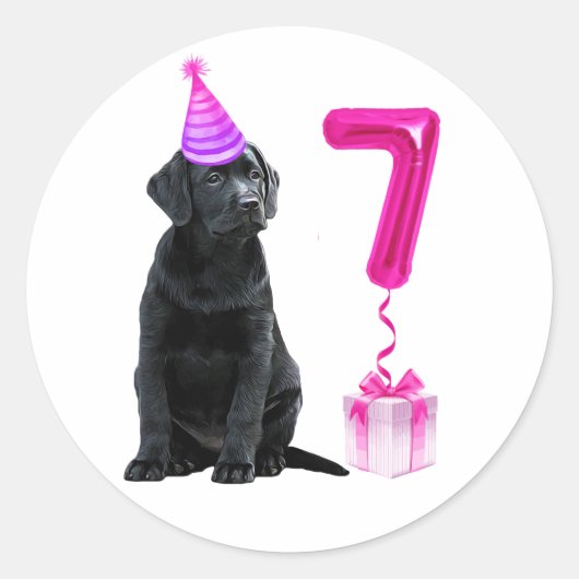 7e Verjaardag Puppy Thema- Schattige Hond Roze Mei Ronde Sticker (Voorkant)