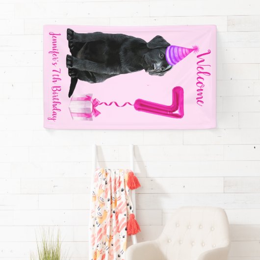 7e Verjaardag Puppy Thema- Schattige Hond Roze Mei Spandoek (Insitu)