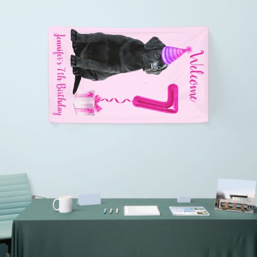 7e Verjaardag Puppy Thema- Schattige Hond Roze Mei Spandoek (Beurs)