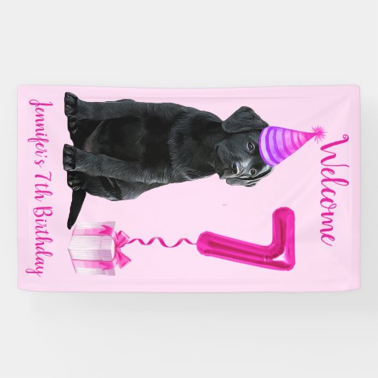 7e Verjaardag Puppy Thema- Schattige Hond Roze Mei Spandoek (Horizontaal)