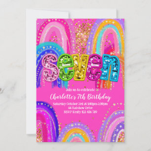 7e verjaardag Rainbow Hot Pink Party Uitnodiging