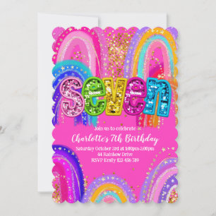 7e verjaardag Rainbow Hot Pink Party Uitnodiging