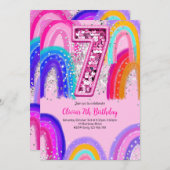 7e verjaardag Rainbow Pink Party Kaart (Voorkant / Achterkant)