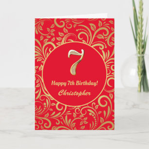 7e verjaardag: Red en Gold Floral Pattern Kaart
