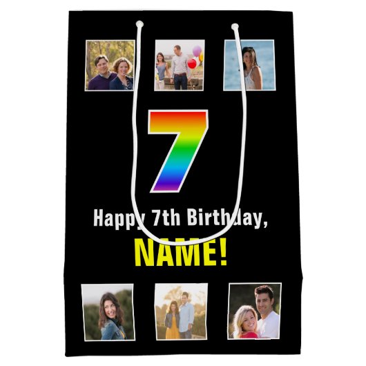 7e verjaardag: Regenboog "7", aangepaste foto's &  Medium Cadeauzakje (Achterkant)