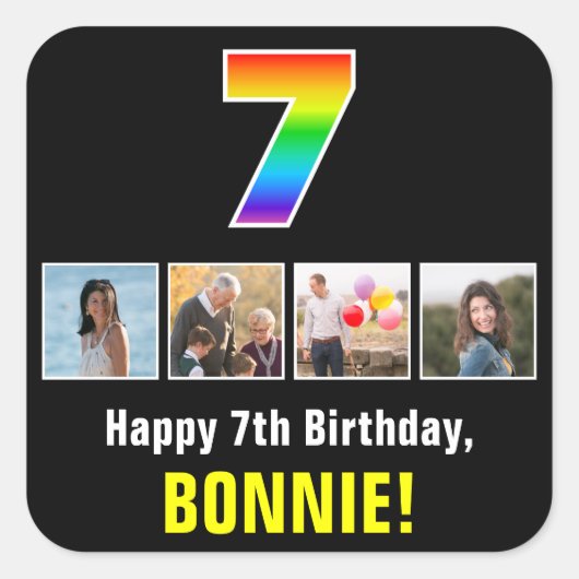 7e verjaardag: Regenboog "7"; Aangepaste Foto's & Vierkante Sticker (Voorkant)