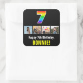7e verjaardag: Regenboog "7"; Aangepaste Foto's & Vierkante Sticker (Tas)