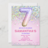 7e verjaardag, regenbooglitter Birthday Uitnodigin Kaart (Voorkant)