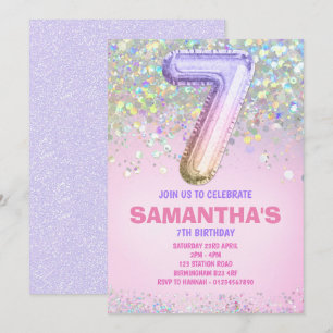7e verjaardag, regenbooglitter Birthday Uitnodigin Kaart