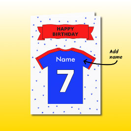 7e verjaardag rood blauw sport shirt gepersonalise kaart