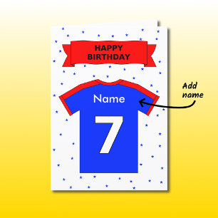 7e verjaardag rood blauw sport shirt gepersonalise kaart