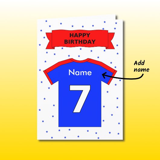 7e verjaardag rood blauw sport shirt gepersonalise kaart