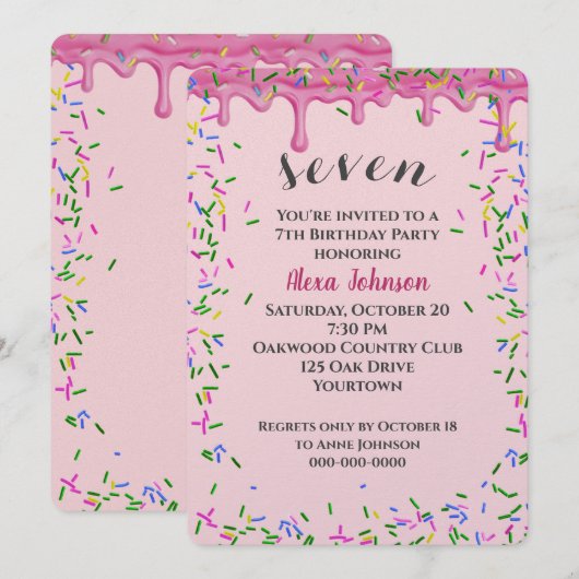 7e verjaardag roze ijsjes en strooisel kaart (Voorkant / Achterkant)
