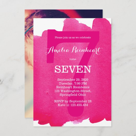 7e verjaardag Roze Kaart (Voorkant / Achterkant)