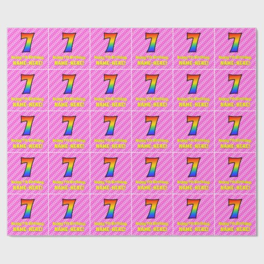 7e verjaardag: Roze strips & harten, regenboognr.  Cadeaupapier (Vlak)