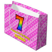 7e verjaardag: Roze strips & harten, regenboognr.  Groot Cadeauzakje (Voorkant Gekanteld)