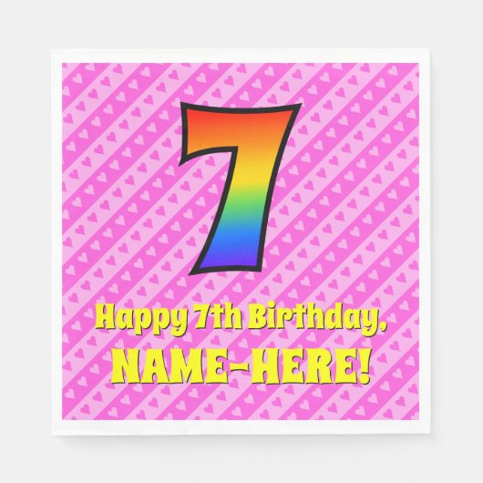 7e verjaardag: Roze strips & harten, regenboognr.  Servet (Voorkant)