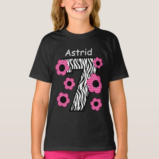 7e verjaardag Roze Zebra Aangepaste naam C007 T-shirt (Voorkant)