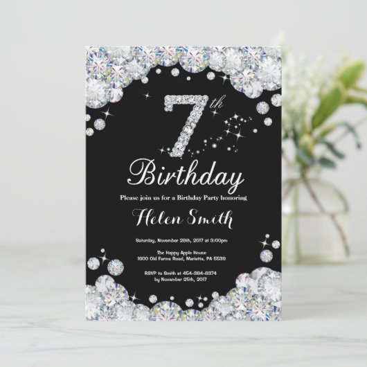 7e verjaardag Uitnodiging Chalkboard Silver Diamon (Staand voorkant)