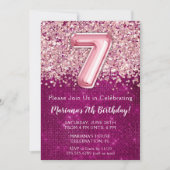 7e verjaardag Uitnodiging Meisje Magenta Roze Glit (Voorkant)