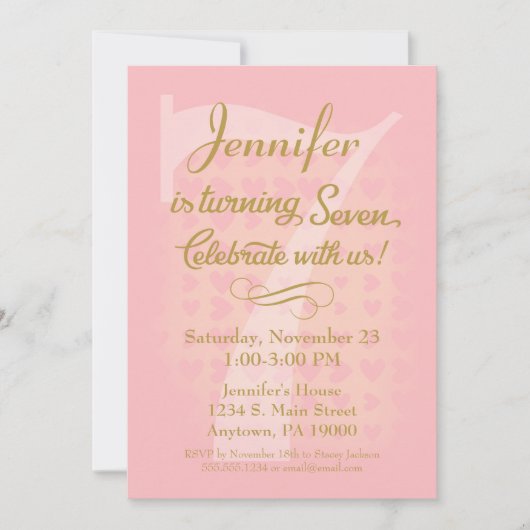 7e verjaardag Uitnodiging Meisjes Roze Gold Hearts (Voorkant)