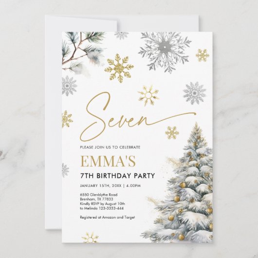 7e verjaardag uitnodiging, winter zeven verjaardag kaart (Voorkant)