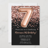 7e verjaardag Uitnodiging zwart Roos Gold Glitter (Voorkant)