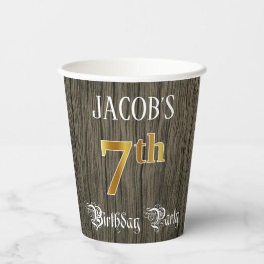 7e verjaardag van de Faux Gold & Faux Wood Papieren Bekers (Achterkant)