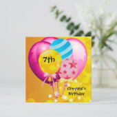 7e verjaardag van het roze gele blauw ballonmeisje kaart (Staand voorkant)