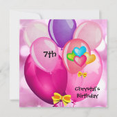 7e verjaardag van het roze gele blauw ballonmeisje kaart (Voorkant)